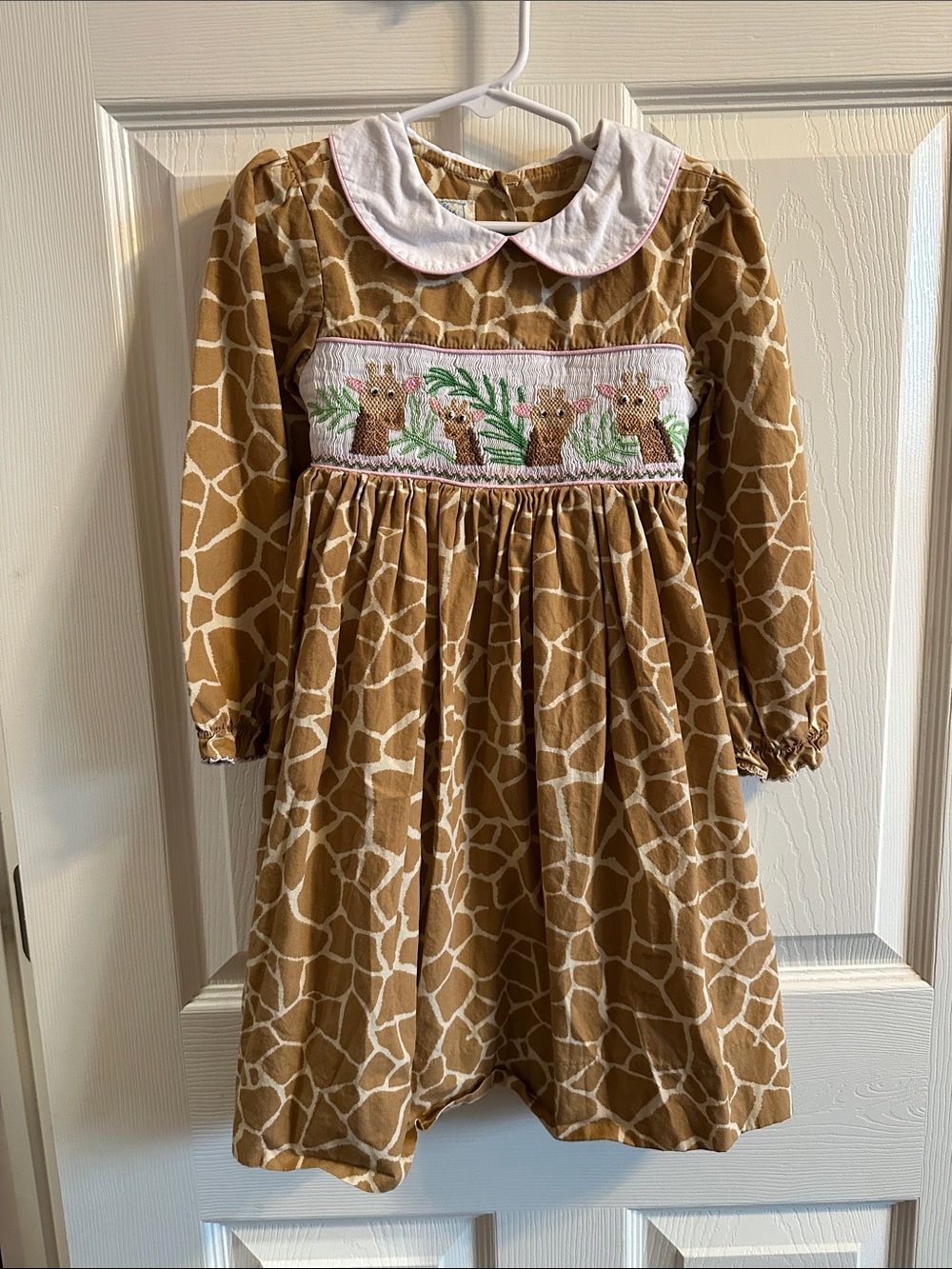 marmellata Brown Giraffe-Print Smocked Dress with White Collar